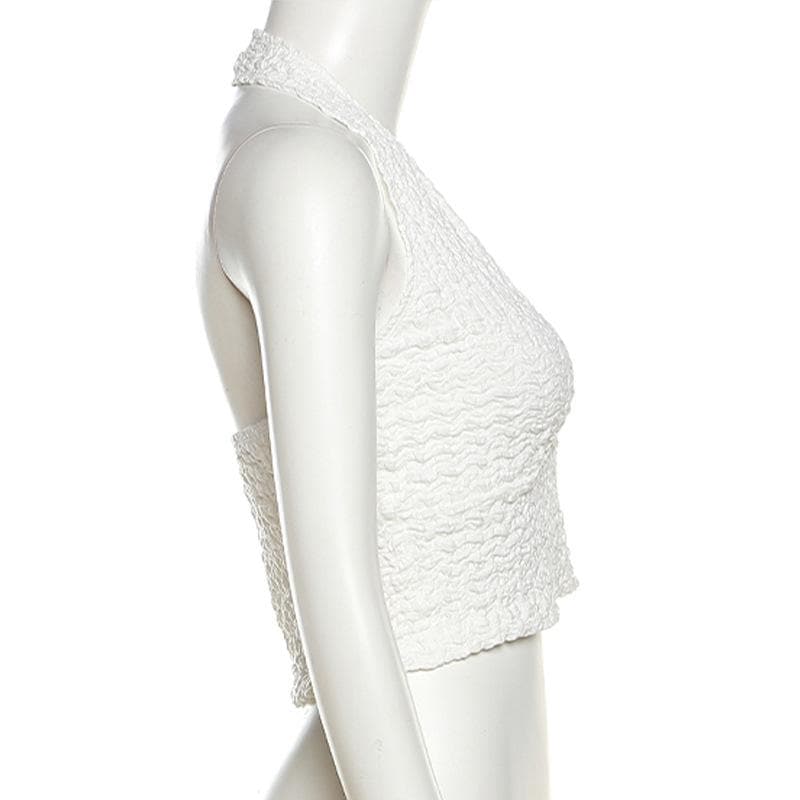Halter v neck backless textured solid crop top