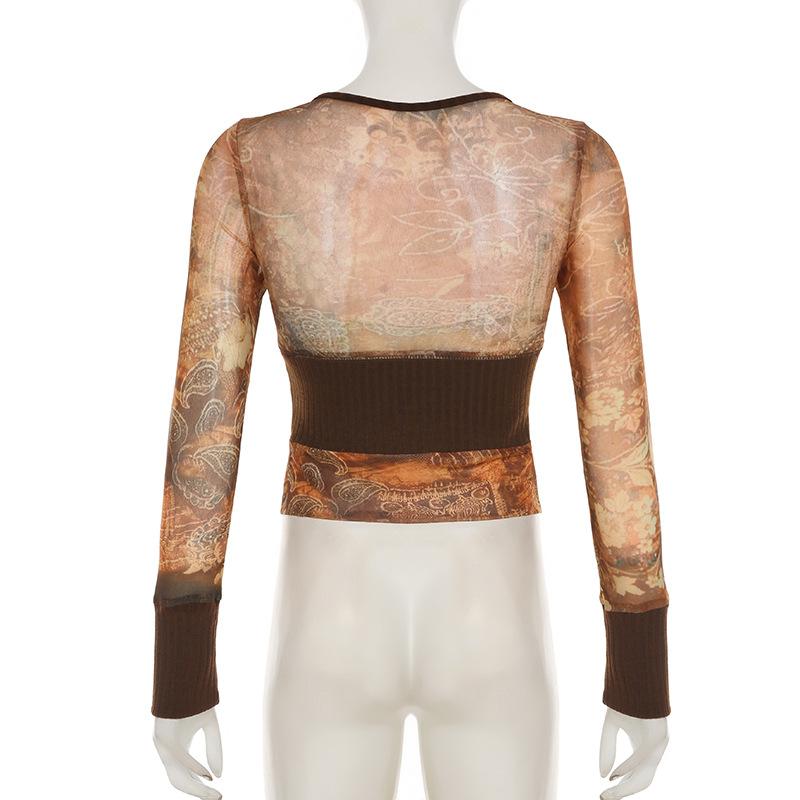 U neck long sleeve knitted mesh patchwork abstract top