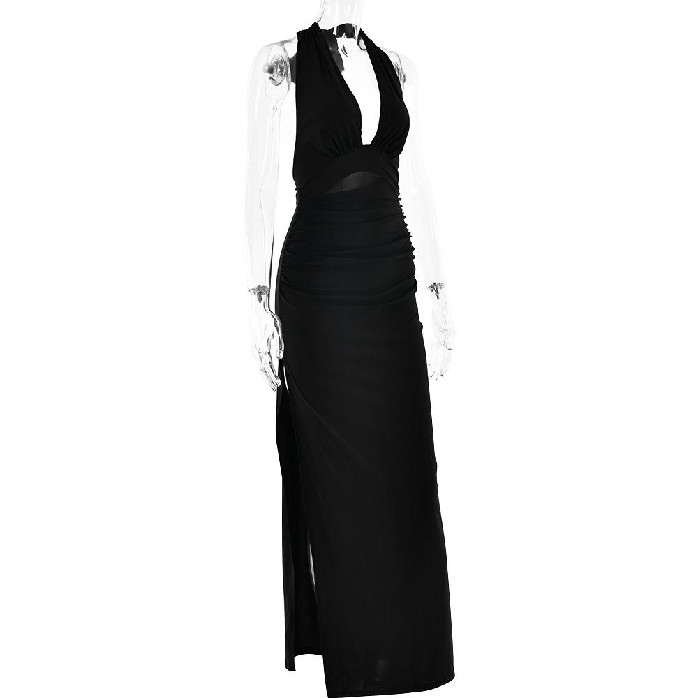 Halter deep v neck slit backless ruched maxi dress