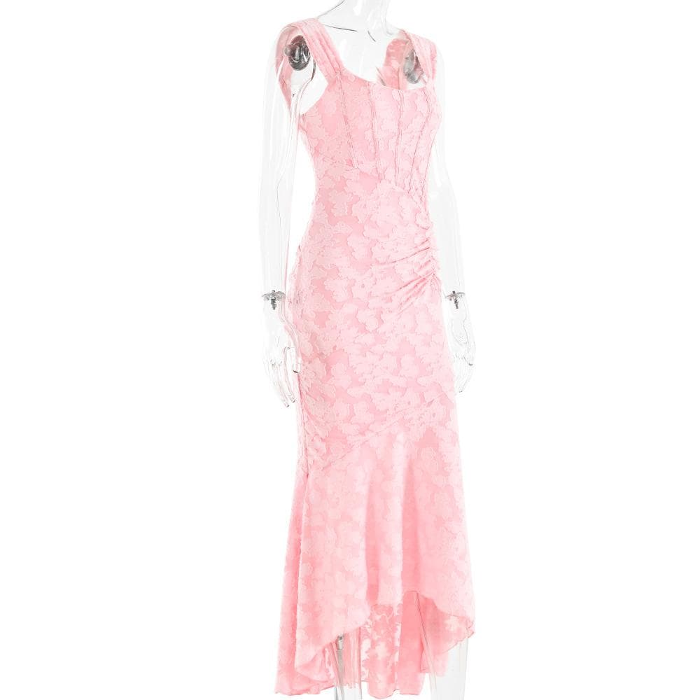 U neck zip-up ruched bustier ruffle cami maxi dress