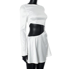 Long sleeve hollow out solid mini dress