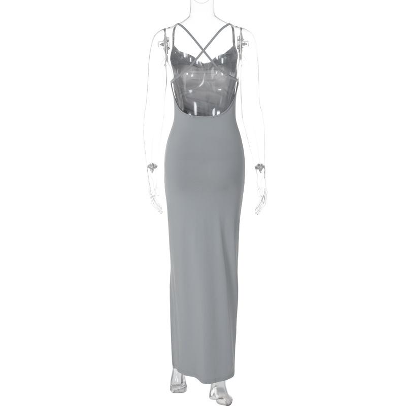 Cowl neck slit ruched cross back midi dress