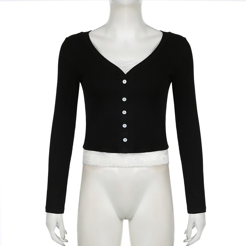 Long sleeve v neck lace hem button top