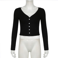 Long sleeve v neck lace hem button top