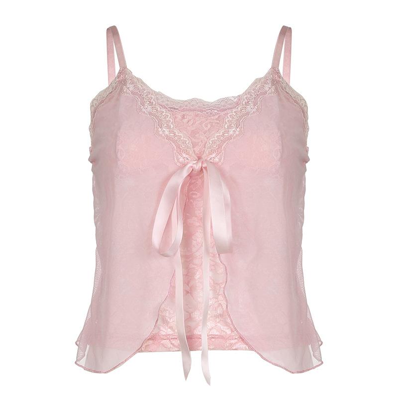 Lace patchwork ruffle ribbon mesh knotted cami top