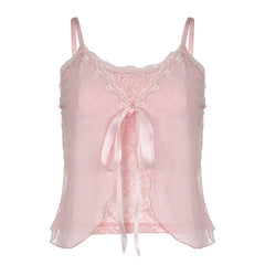 Lace patchwork ruffle ribbon mesh knotted cami top