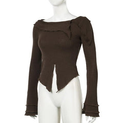 Long flared sleeve off shoulder knitted top