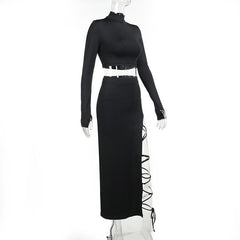 Self tie high neck solid long sleeve irregular slit maxi skirt set