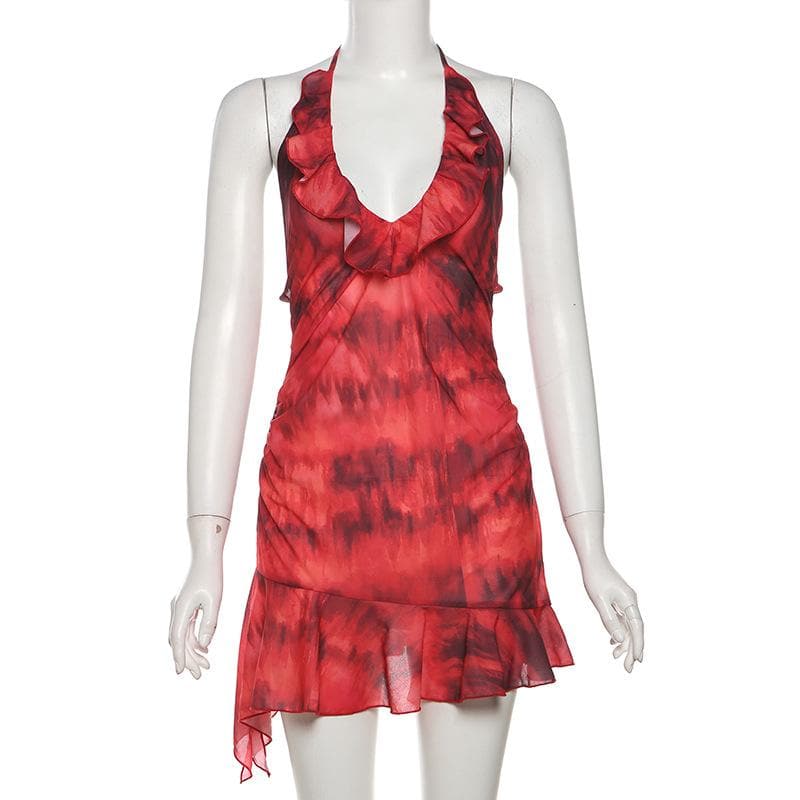 Halter ruched tie dye ruffle backless mini dress  | red tango dress