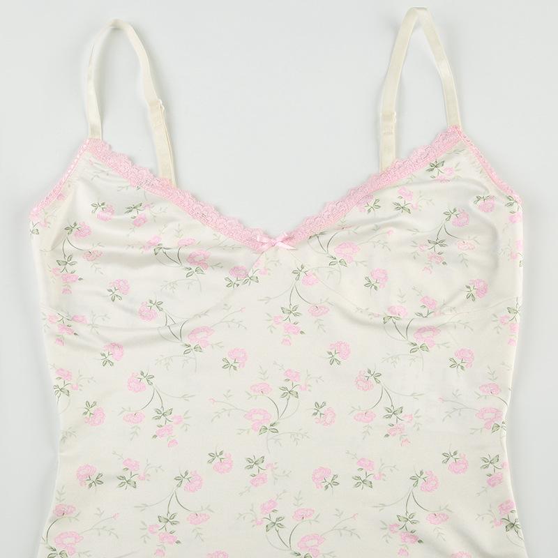 V neck lace hem flower print ruched bowknot cami top