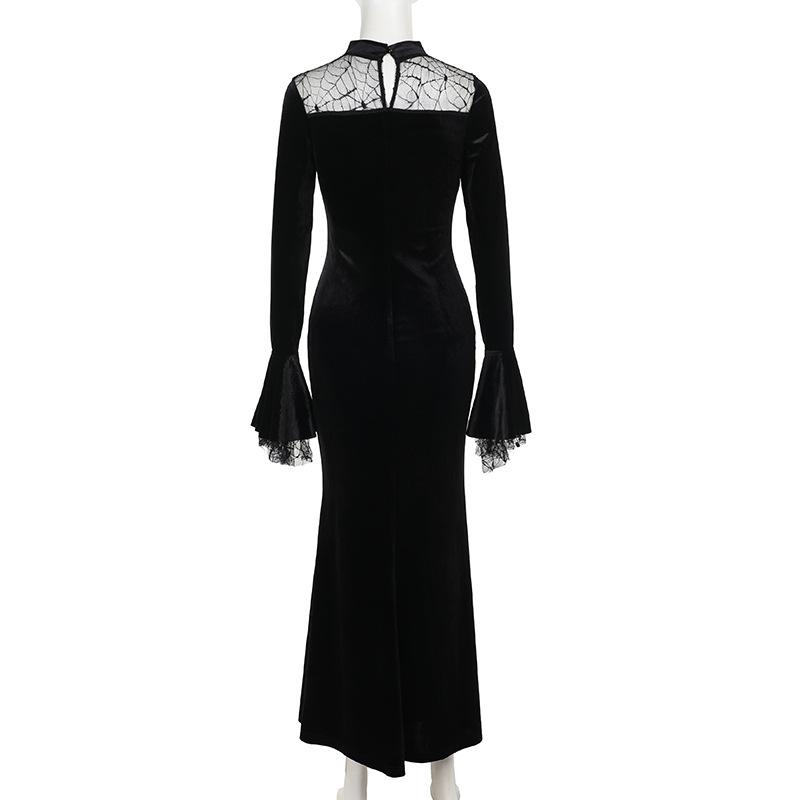 Long flared sleeve velvet patchwork spider web maxi dress