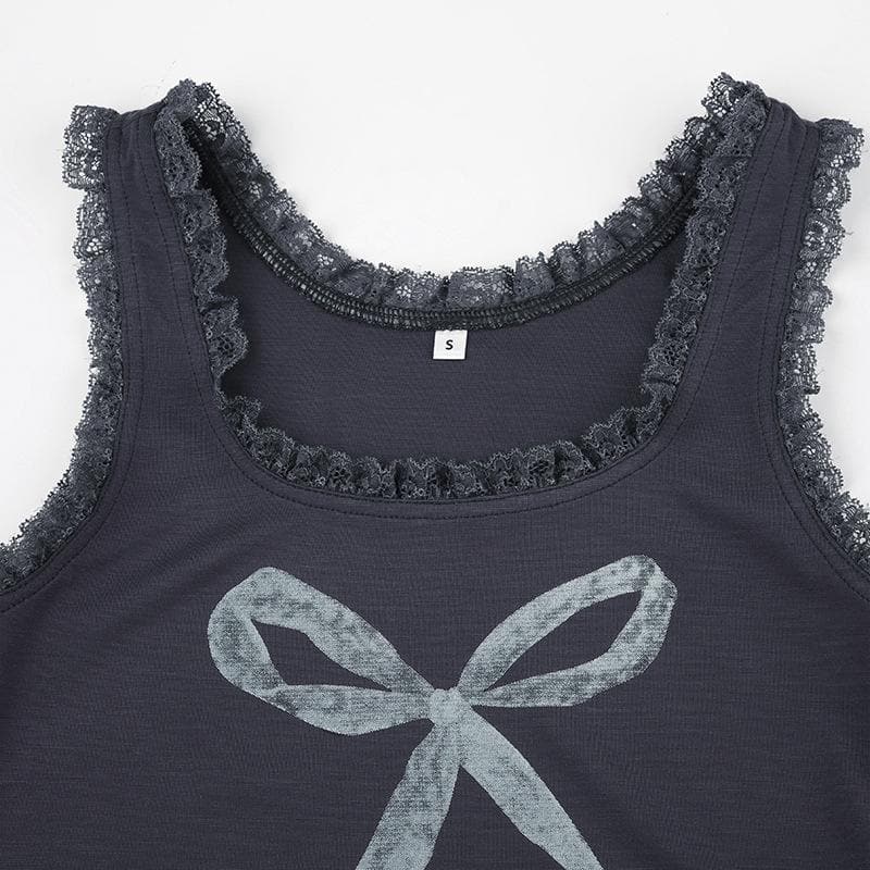 U neck lace hem bowknot pattern contrast tank top