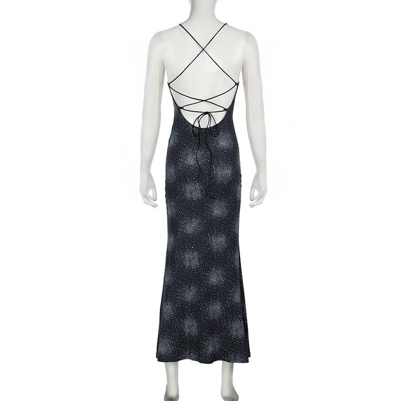 Print cross back backless cami maxi dress  | black rave dress