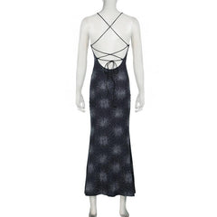 Print cross back backless cami maxi dress  | black rave dress