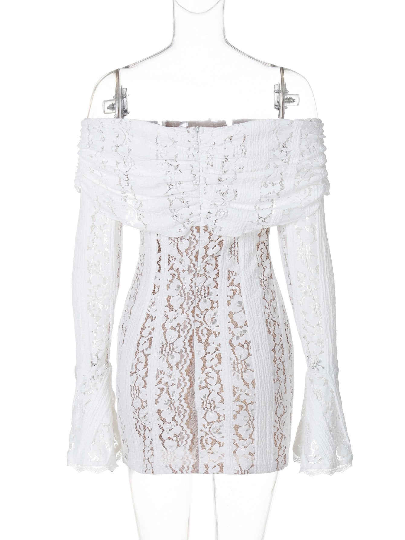 Off shoulder long sleeve lace bowknot mini dress