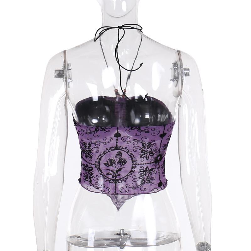 Halter drawstring ruched beaded mesh print top