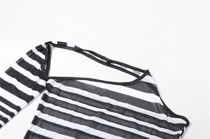 Irregular sheer mesh see through one shoulder striped mini dress  | samba dress