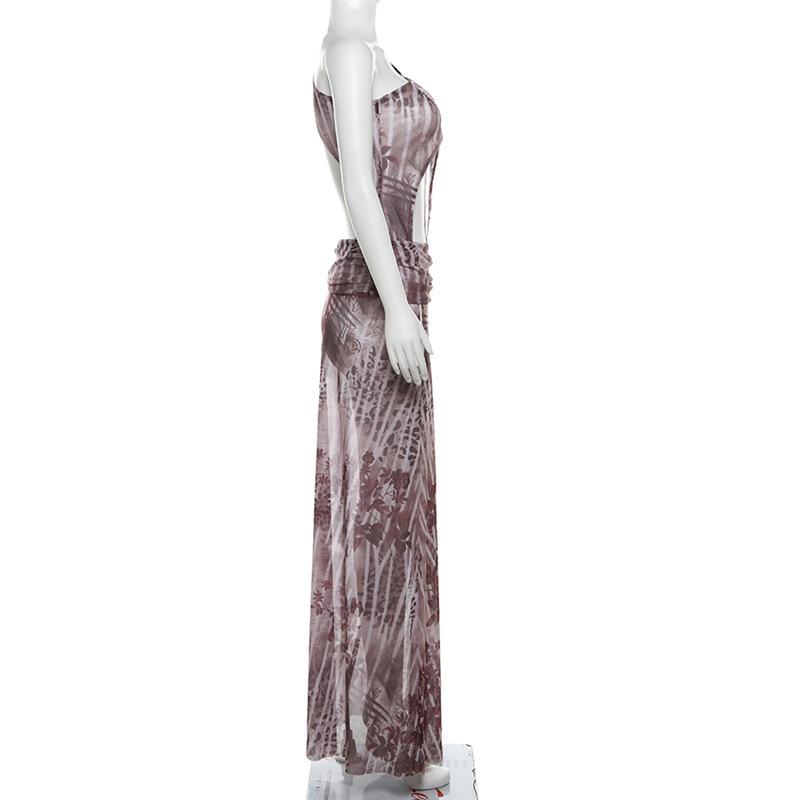 One shoulder irregular hollow out high slit print maxi dress