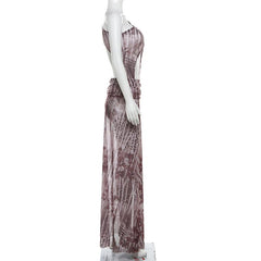 One shoulder irregular hollow out high slit print maxi dress