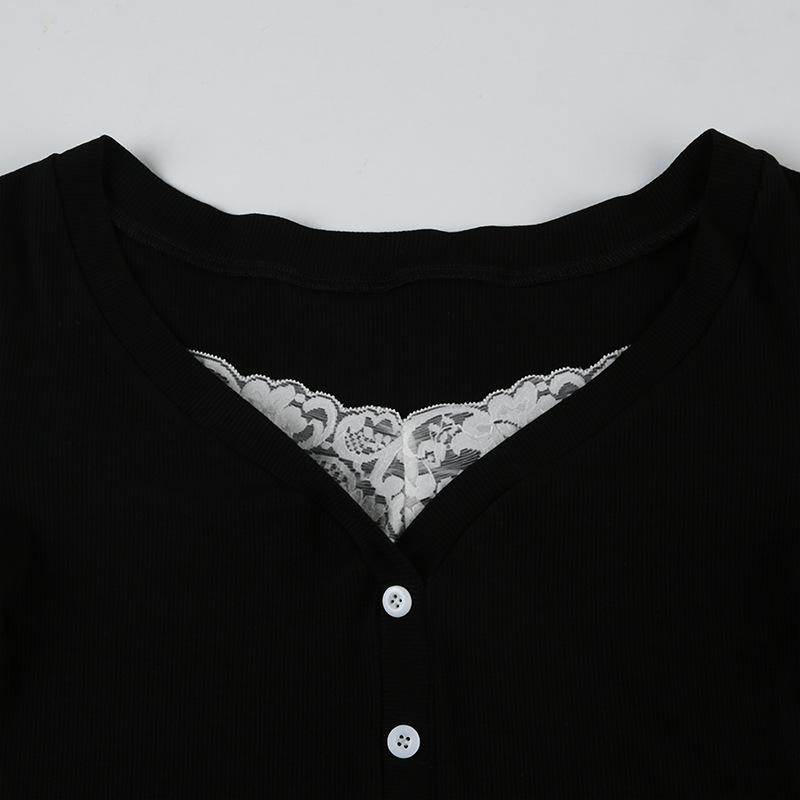 Long sleeve v neck lace hem button top