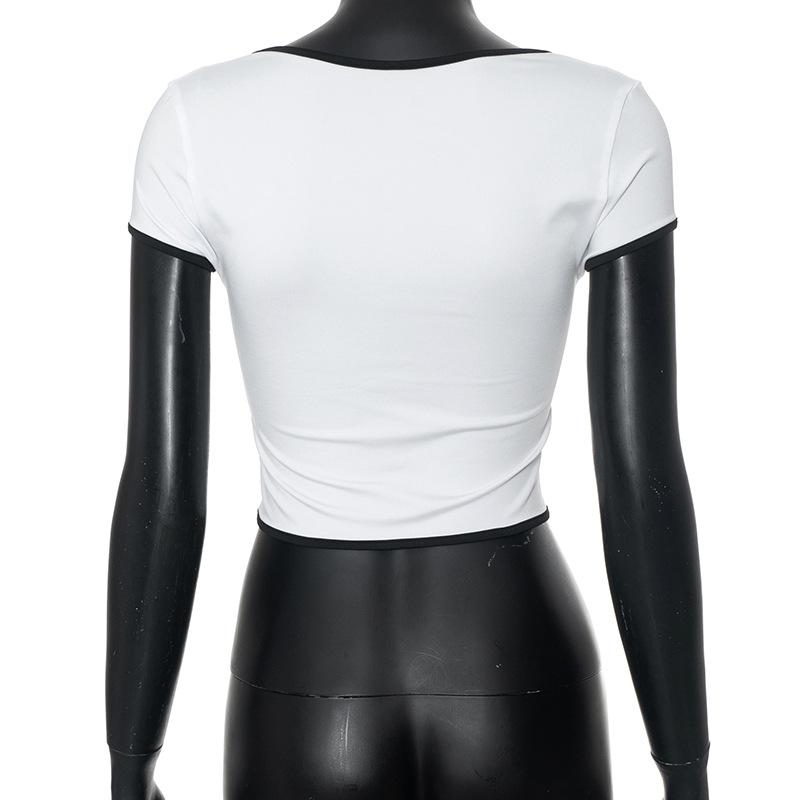 Short sleeve ruched notch neck stitch crop top