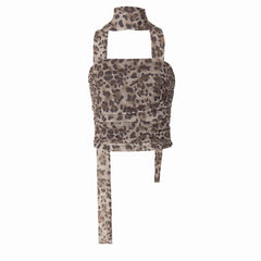 Leopard print ruched mesh 2 piece tube top