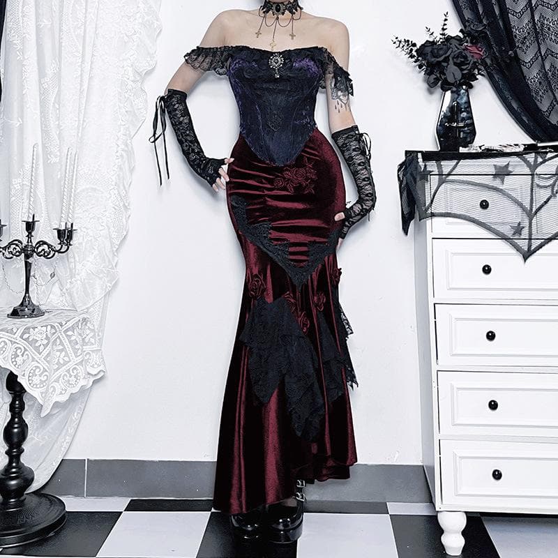 Velvet embroidery flower applique lace hem ruched maxi skirt