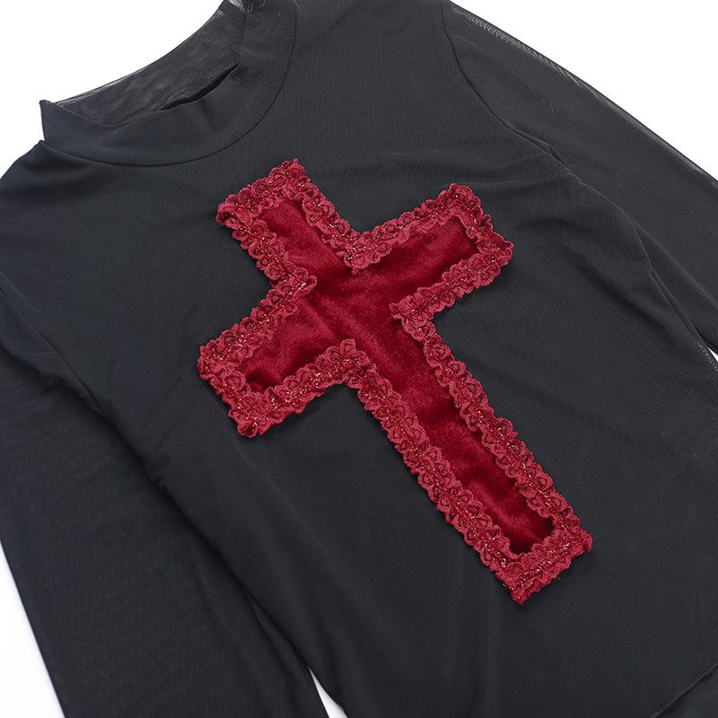 Crewneck long sleeve mesh cross pattern top