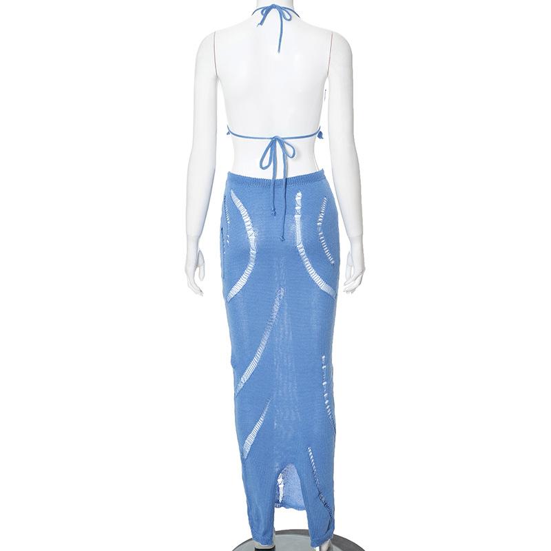 Halter knitted drawstring self tie slit maxi skirt set