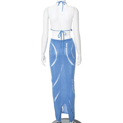 Halter knitted drawstring self tie slit maxi skirt set