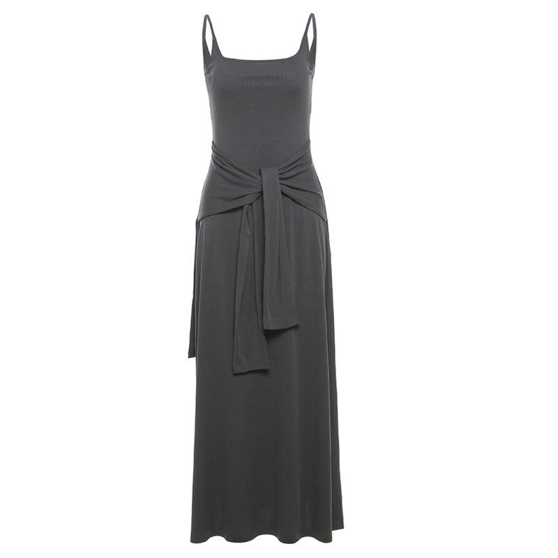 U neck knotted solid backless cami maxi dress