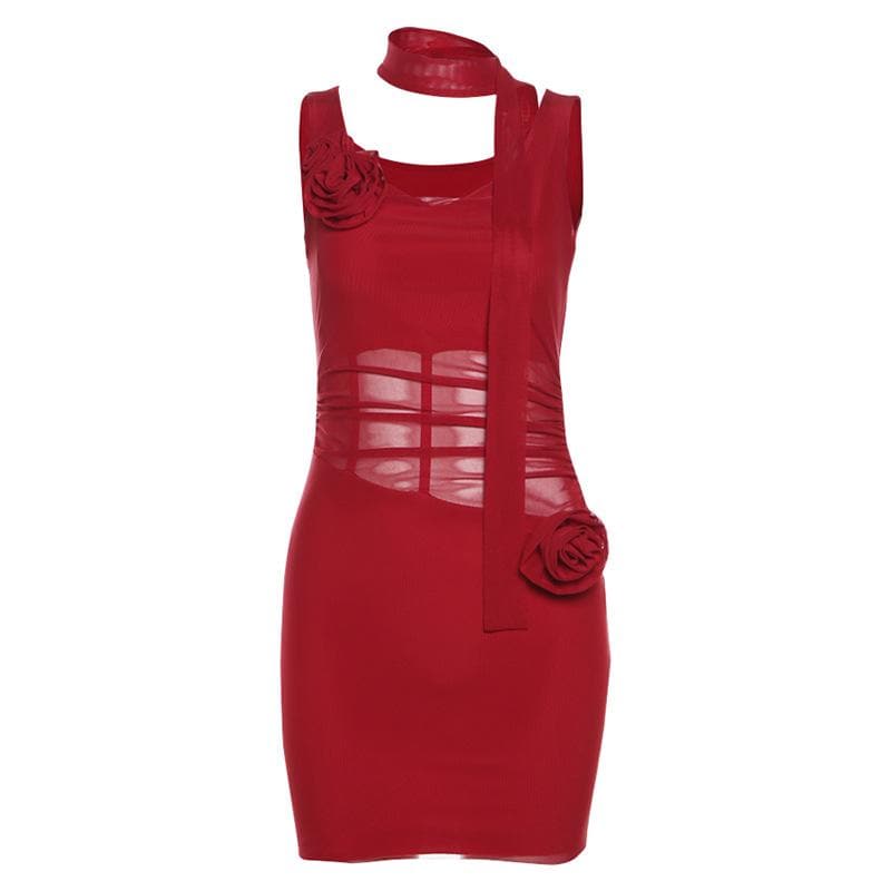 Cowl neck sheer mesh flower applique cami mini dress  | red tango dress  | samba dress