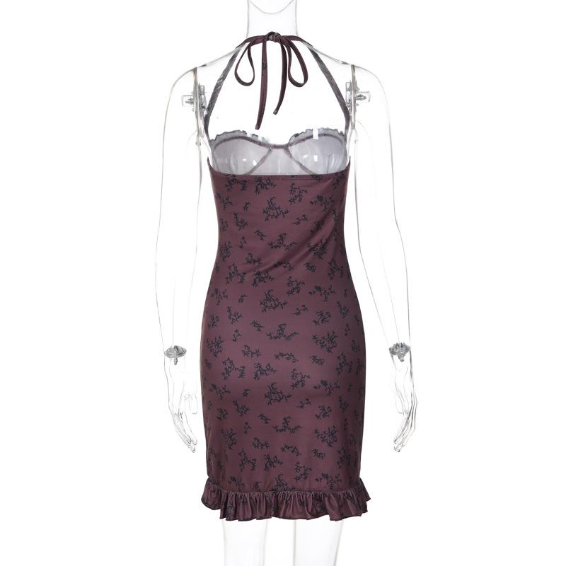 Halter print ruffle knotted backless mini dress