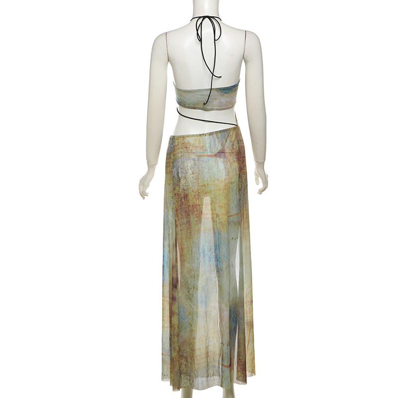 Halter drawstring tie dye irregular sheer mesh maxi dress  | samba dress