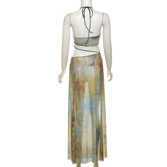 Halter drawstring tie dye irregular sheer mesh maxi dress  | samba dress
