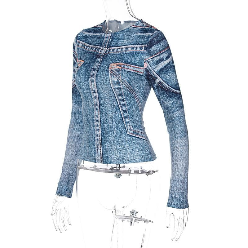 Long sleeve denim print crewneck contrast top