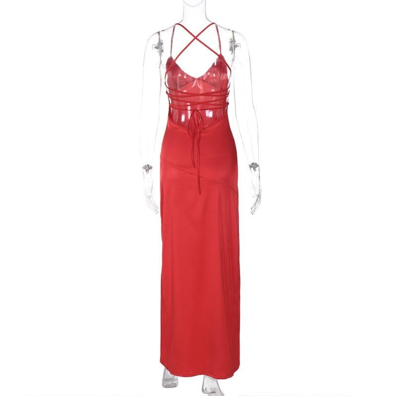 Slit cross back satin backless solid v neck maxi dress  | red tango dress  | black rave dress