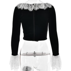 Long flared sleeve lace patchwork velvet zip-up top