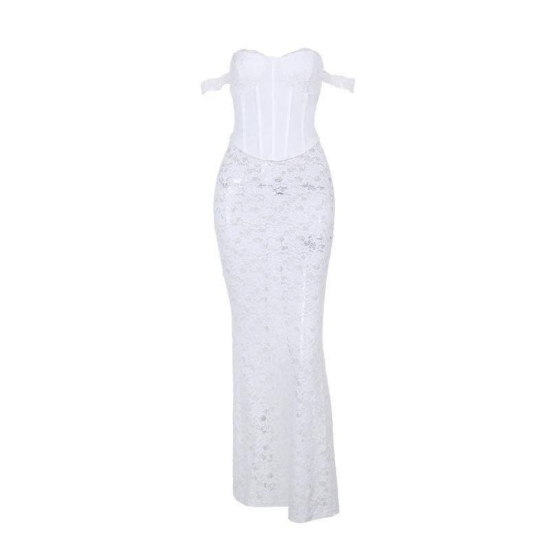 Off shoulder bustier lace see through lace up maxi skirt set