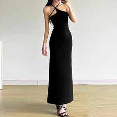 Halter Hollow out irregular solid maxi dress