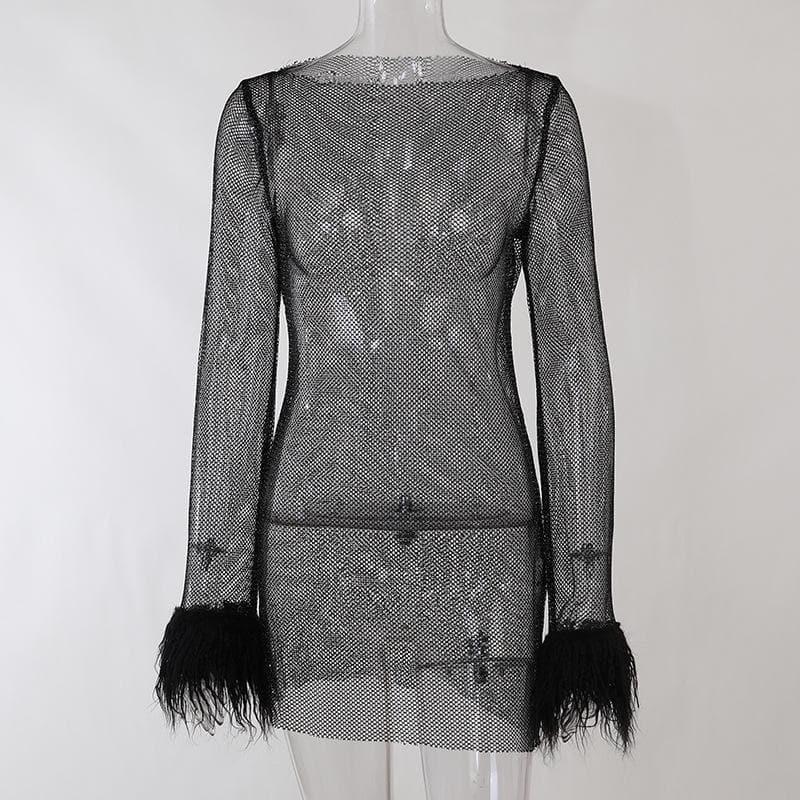 Long sleeve solid see through sheer mesh fluffy round neck mini dress  | samba dress