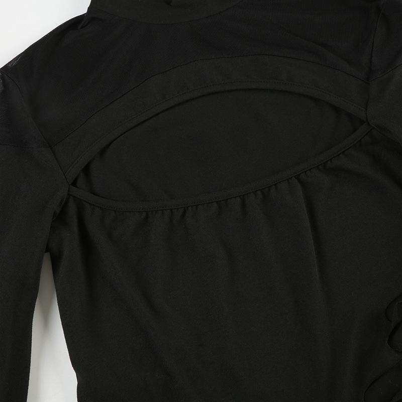 High neck long sleeve mesh hollow out bodysuit