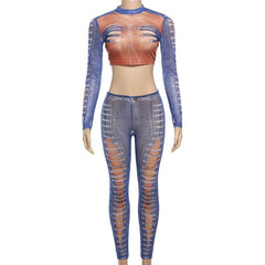 Long sleeve mesh denim print crop pant set