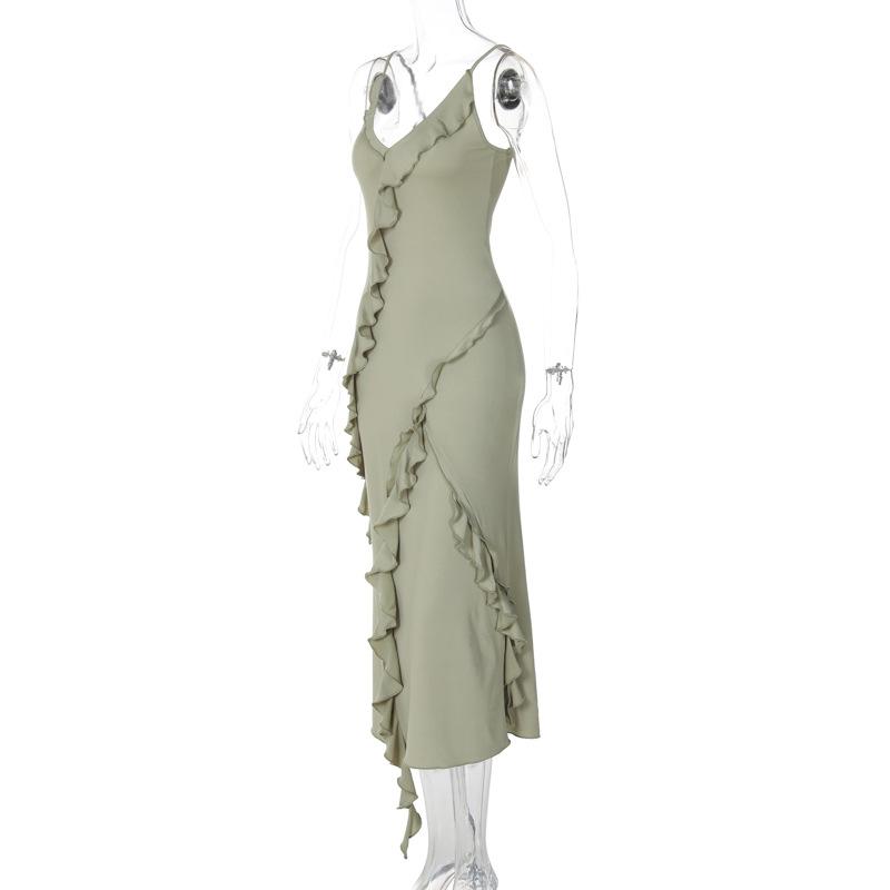 V neck ruffle backless irregular cami midi dress