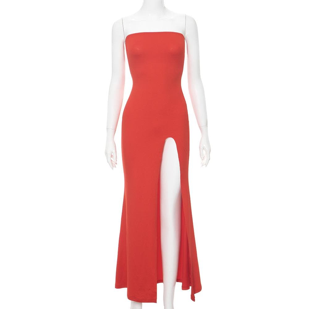 High slit solid backless tube maxi dress  | red tango dress