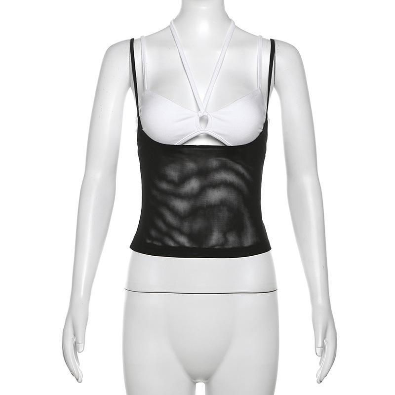 Halter hollow out mesh contrast 2 piece cami top