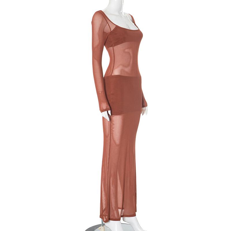 Long sleeve u neck mesh maxi dress