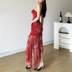 Ruched mesh loong print ruffle tube midi dress  | red tango dress