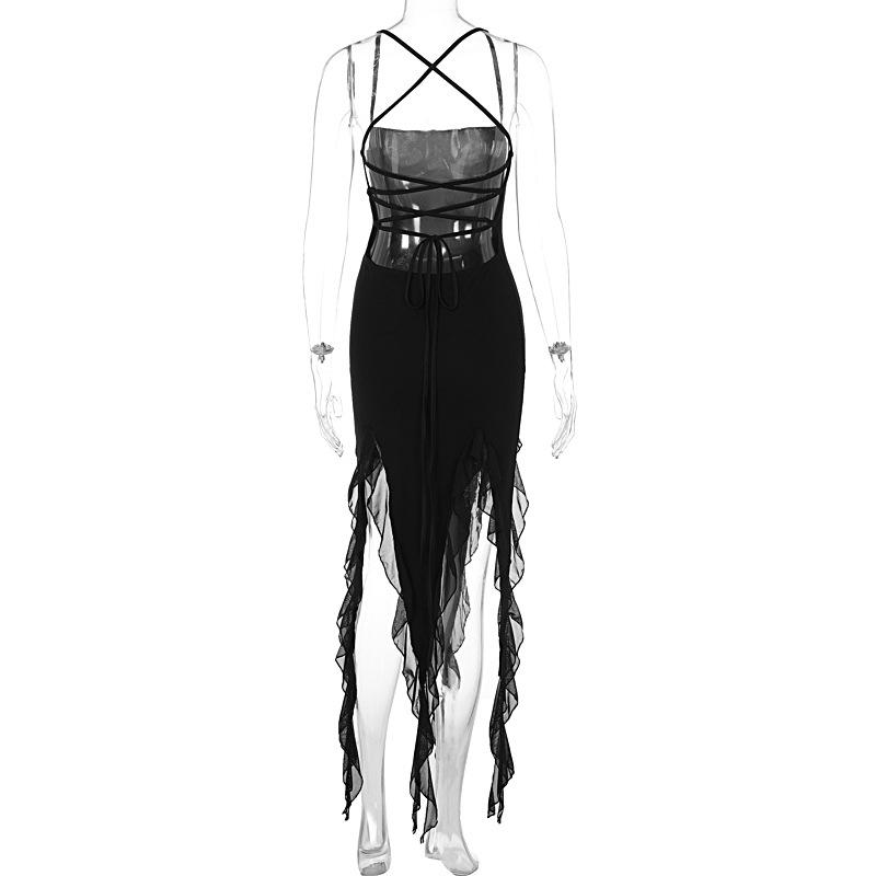 Ruffle cross back solid lace up cami maxi dress  | black rave dress