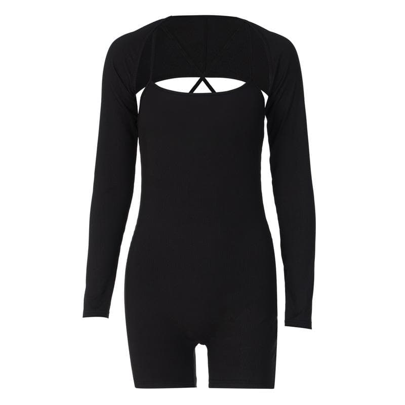 Solid ribbed cross back long sleeve shrug romper
